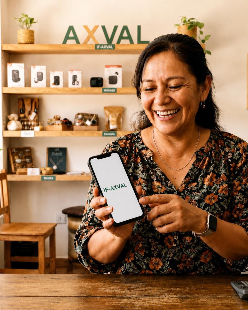 Clienta de IF-AXVAL sonriendo en sucursal